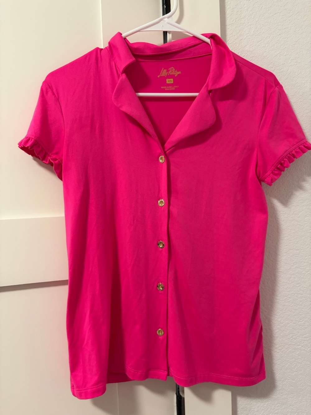 Lilly Pulitzer Valaine PJ Bright Hot Pink Ruffle Sleeve Button-Front Top XS
